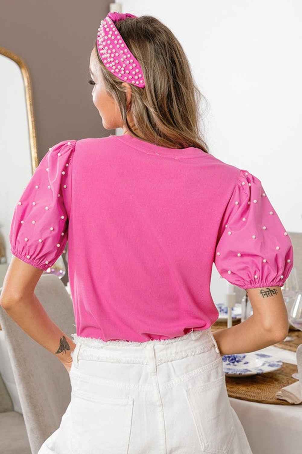 K.B. Shaws: Bright Pink Pearl Beaded Puff Sleeve Ribbed Top