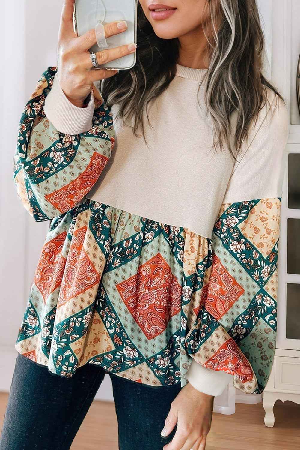 K.B. Shaws: Jet Stream Paisley Geometric Patchwork Blouse