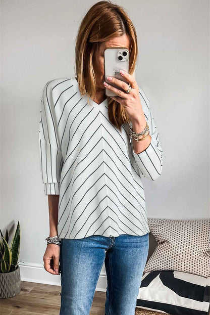 K.B. Shaws: Black Stripe V Neck Long Sleeve Waffle Knit Top