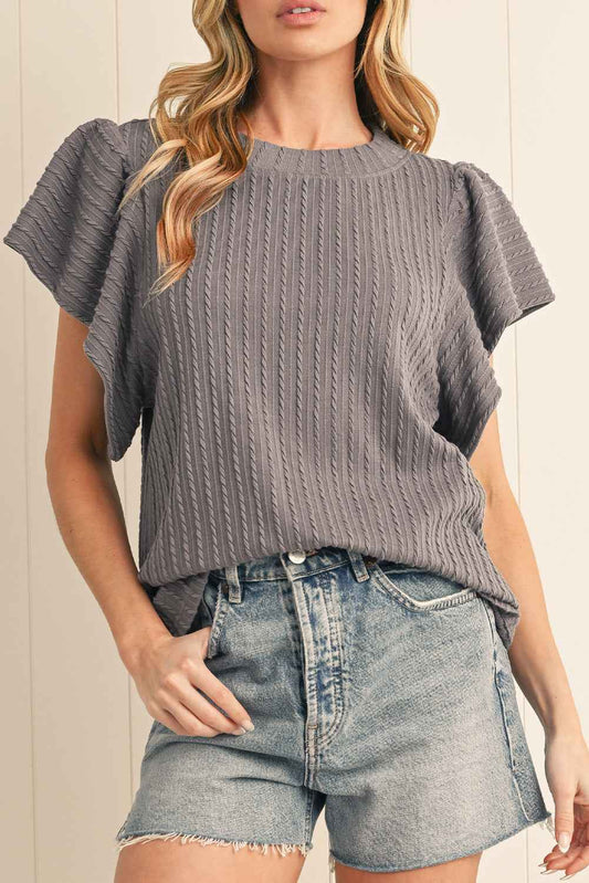 K.B. Shaws: Sleet Textured Ruffle Short Sleeve Knit Top