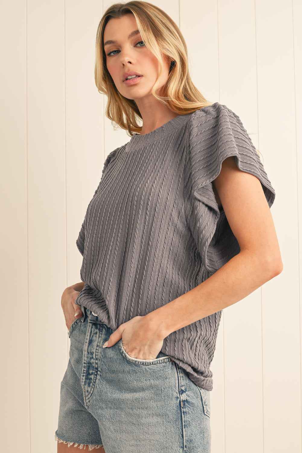 K.B. Shaws: Sleet Textured Ruffle Short Sleeve Knit Top