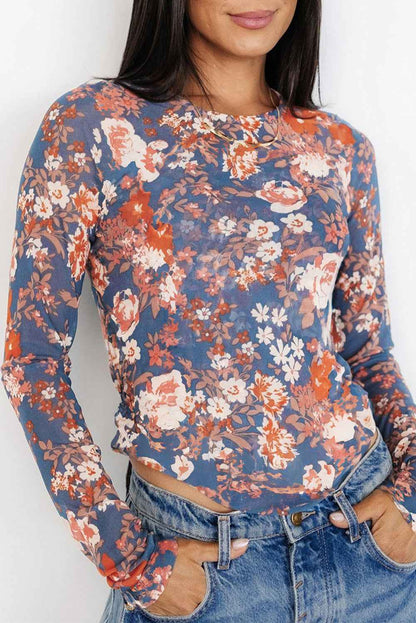 K.B. Shaws: Green Floral Print Mesh Long Sleeve Top