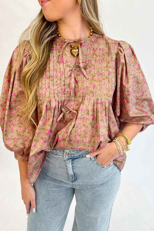 K.B. Shaws: Light French Beige Ditsy Floral Print Puff Sleeve Blouse