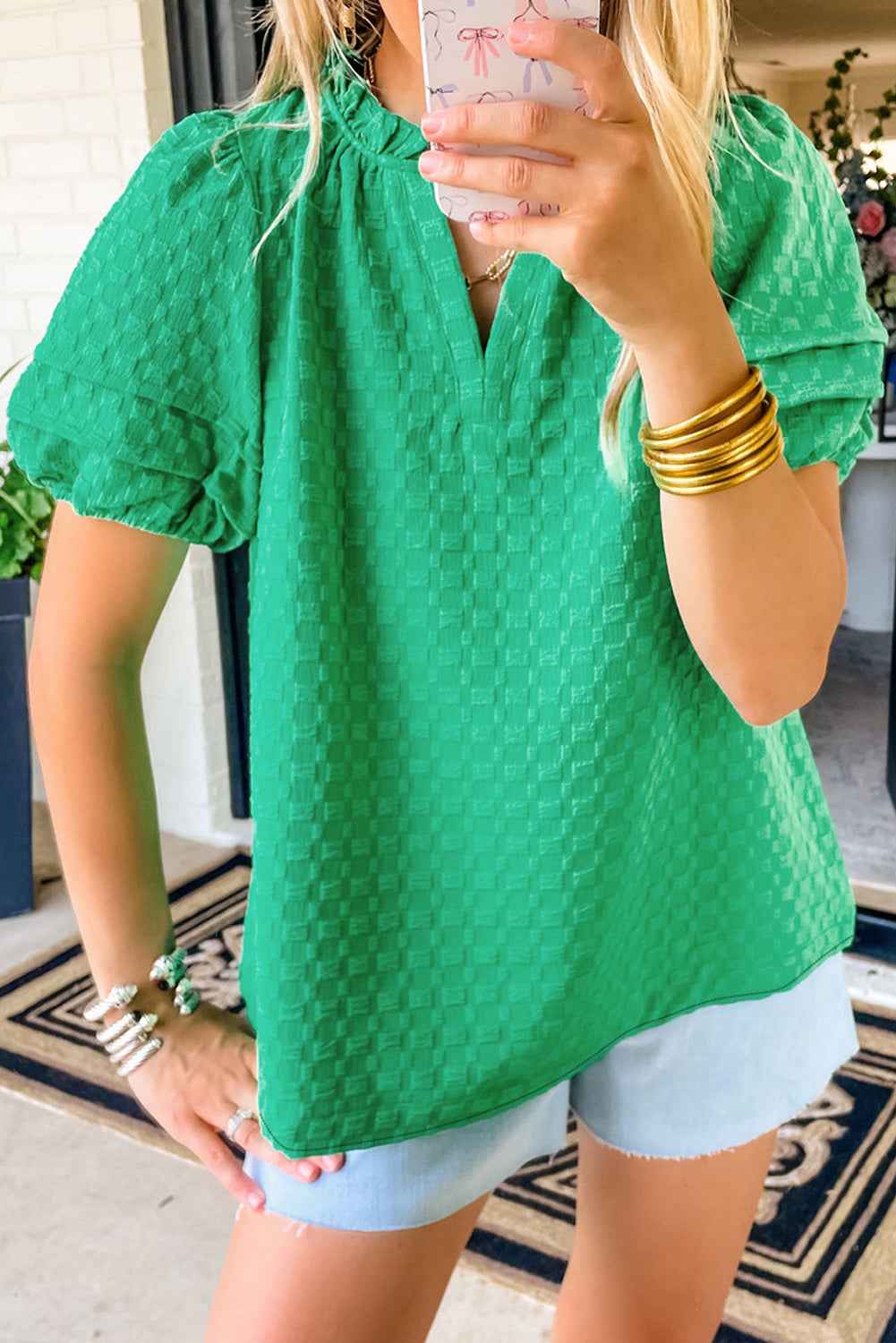 K.B. Shaws: Bright Green Textured Puff Sleeve V Neck Top