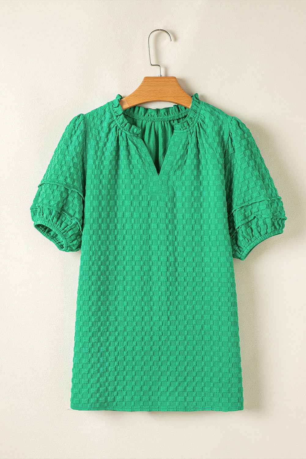 K.B. Shaws: Bright Green Textured Puff Sleeve V Neck Top