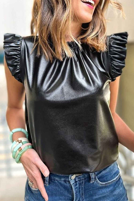 K.B. Shaws: Chic Black Leather Ruffle Blouse