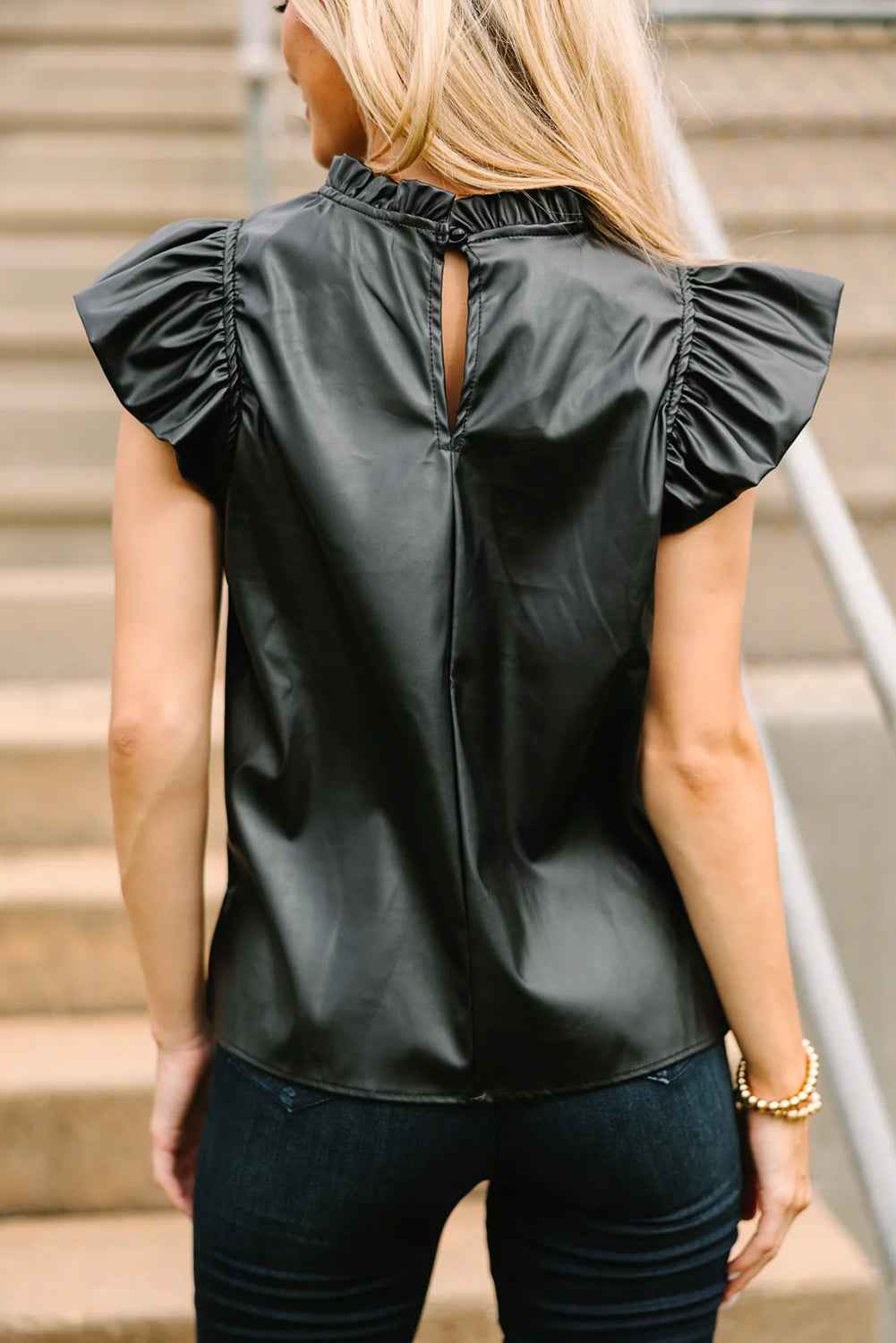 K.B. Shaws: Chic Black Leather Ruffle Blouse