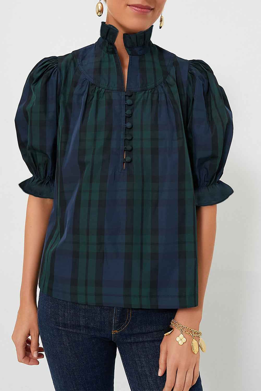 K.B. Shaws: Green Checkered Puff Sleeve Blouse with Frill Trim