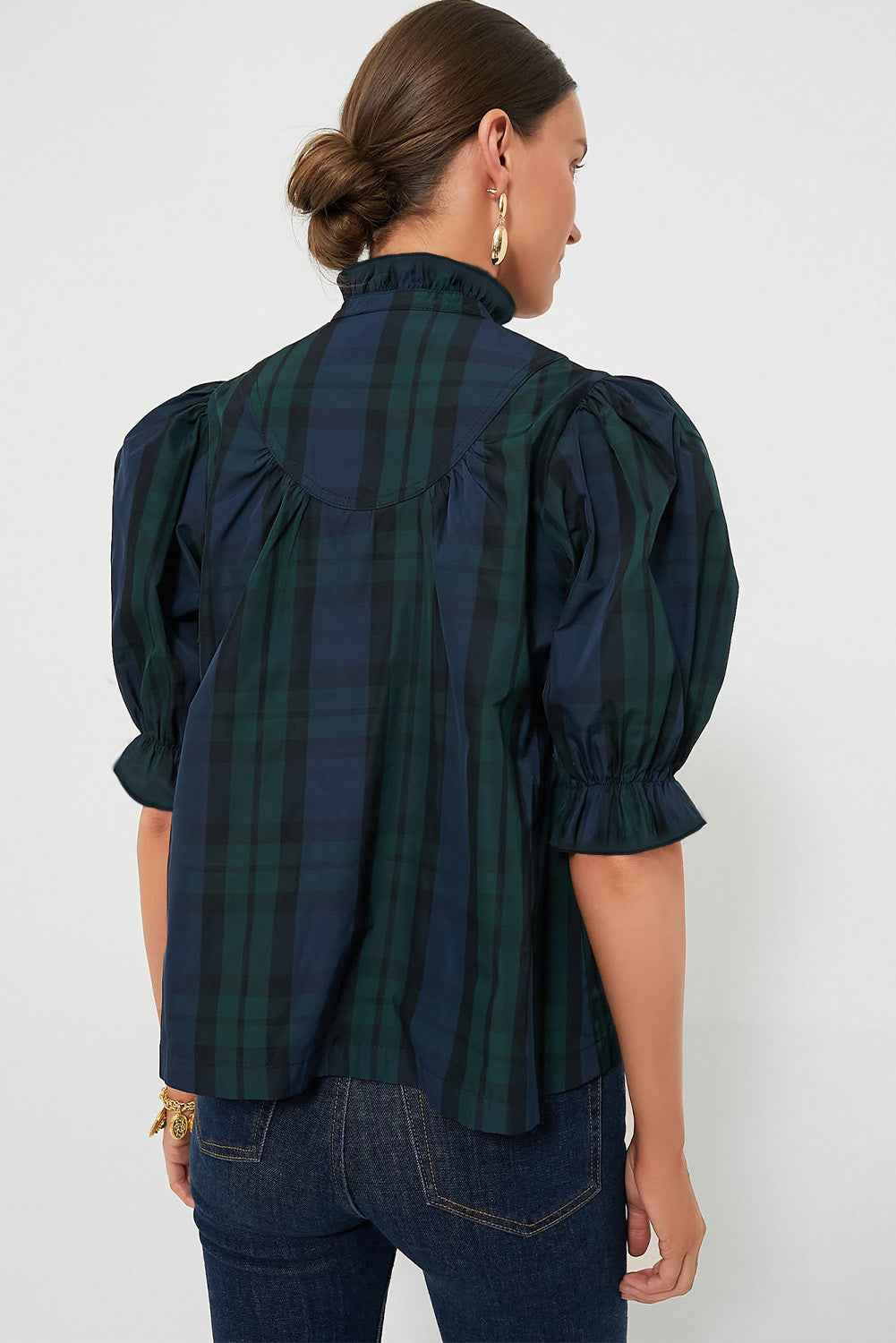 K.B. Shaws: Green Checkered Puff Sleeve Blouse with Frill Trim