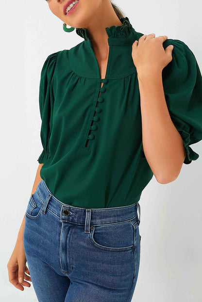 K.B. Shaws: Green Checkered Puff Sleeve Blouse with Frill Trim