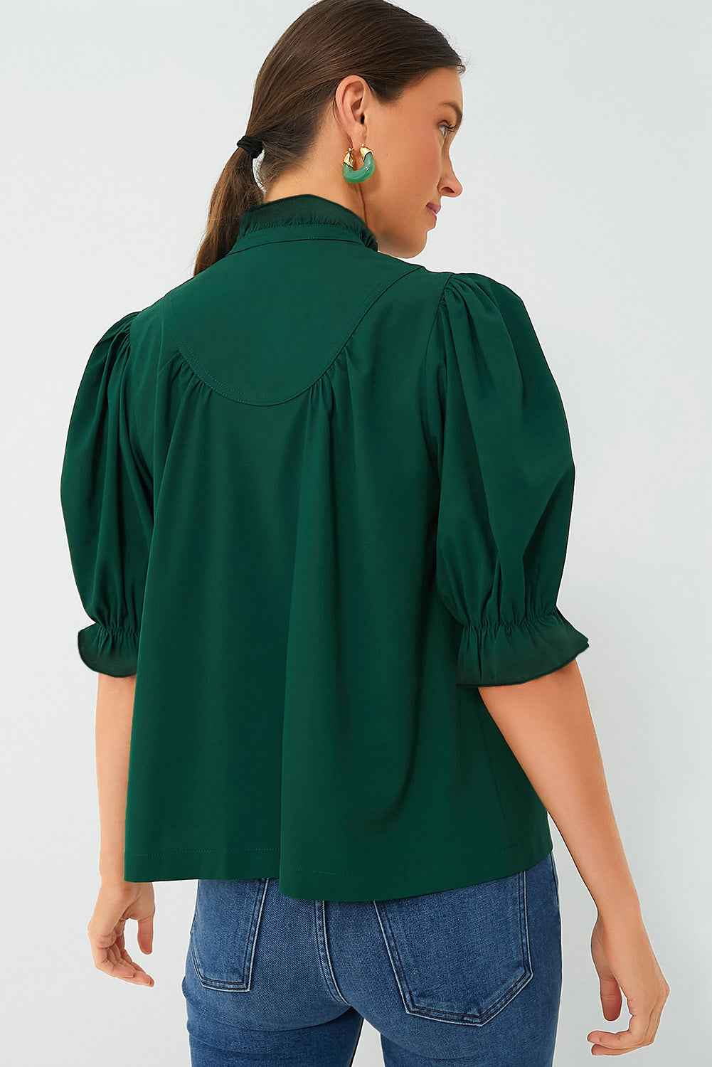 K.B. Shaws: Green Checkered Puff Sleeve Blouse with Frill Trim