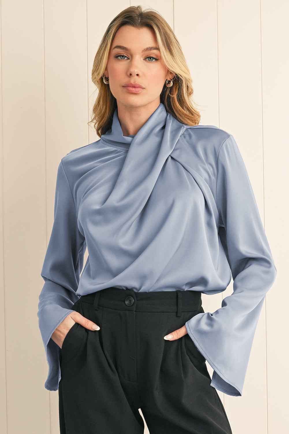 K.B. Shaws: Ivy Asymmetric Turtleneck Satin Blouse