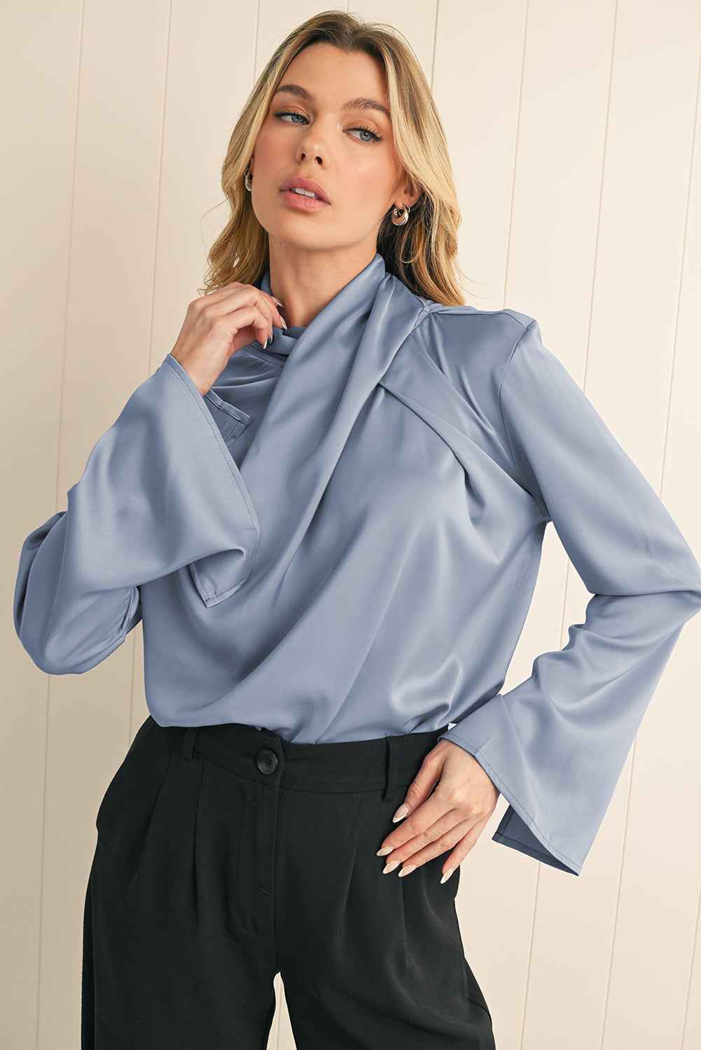 K.B. Shaws: Ivy Asymmetric Turtleneck Satin Blouse