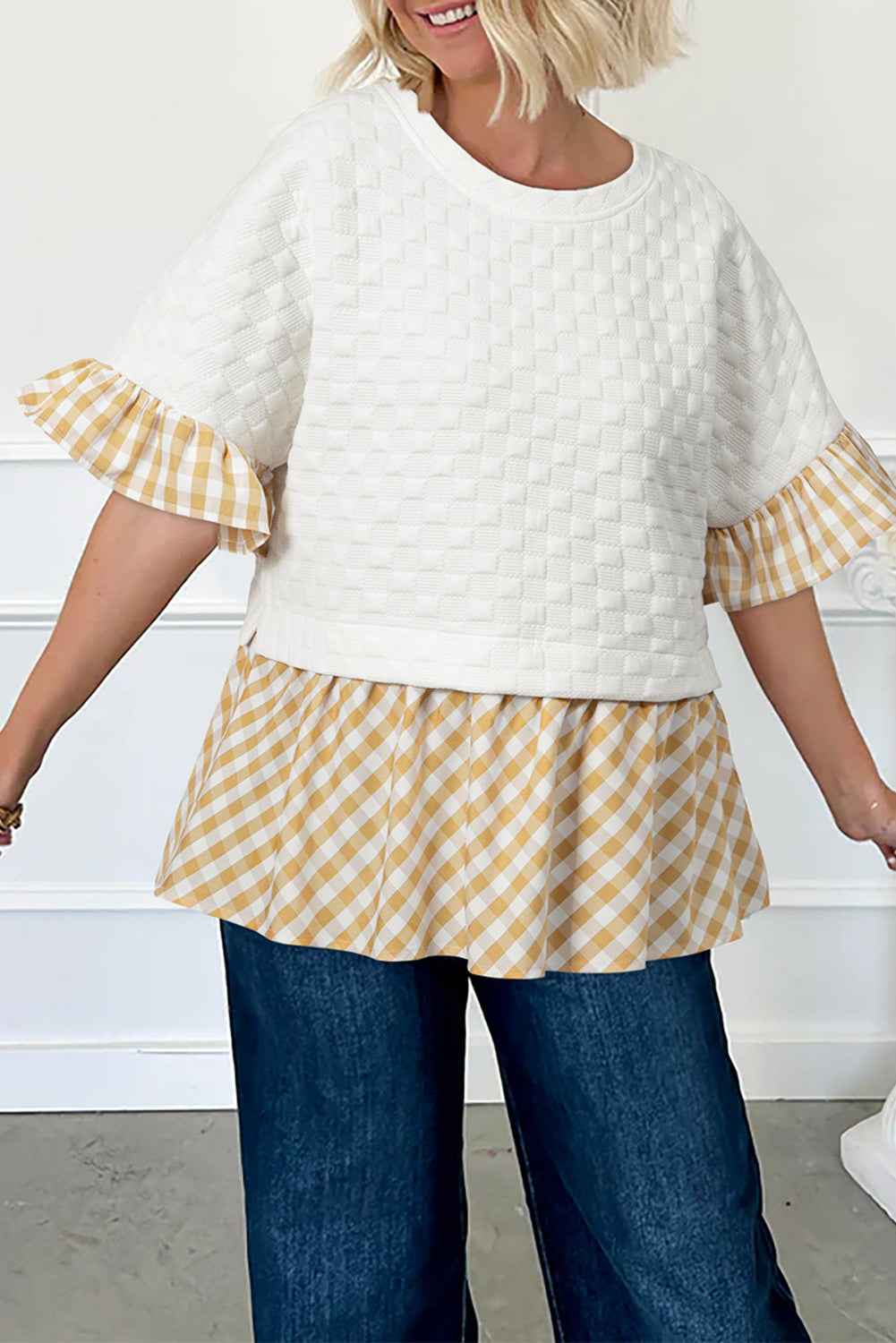 K.B. Shaws: White Plaid Patchwork Ruffle Blouse