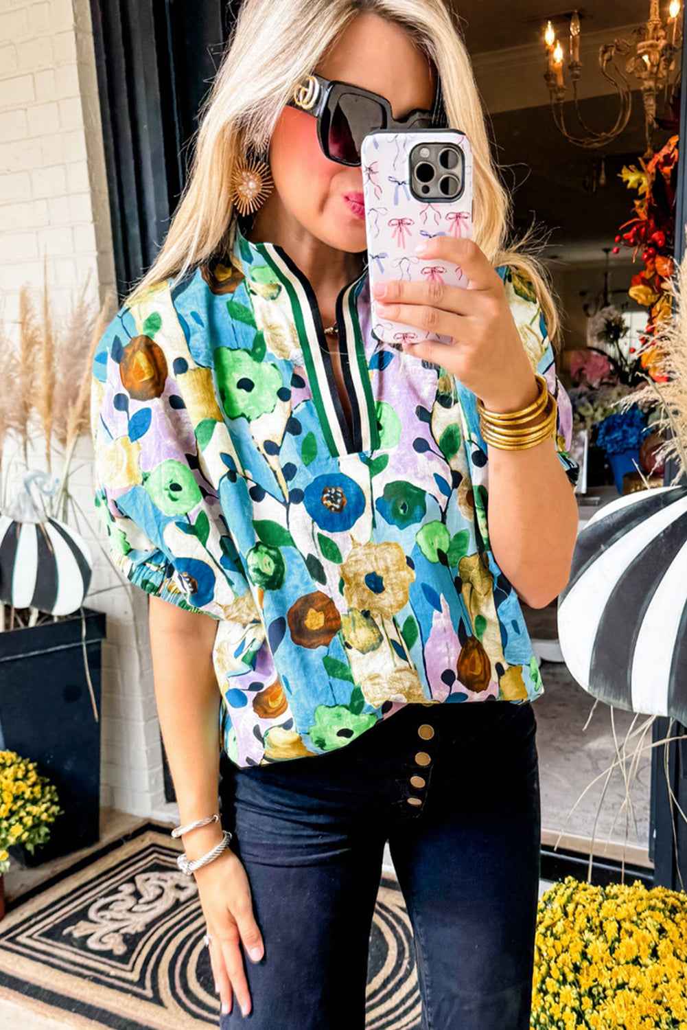 K.B. Shaws: Light Blue V-Neck Floral Print Boho Blouse