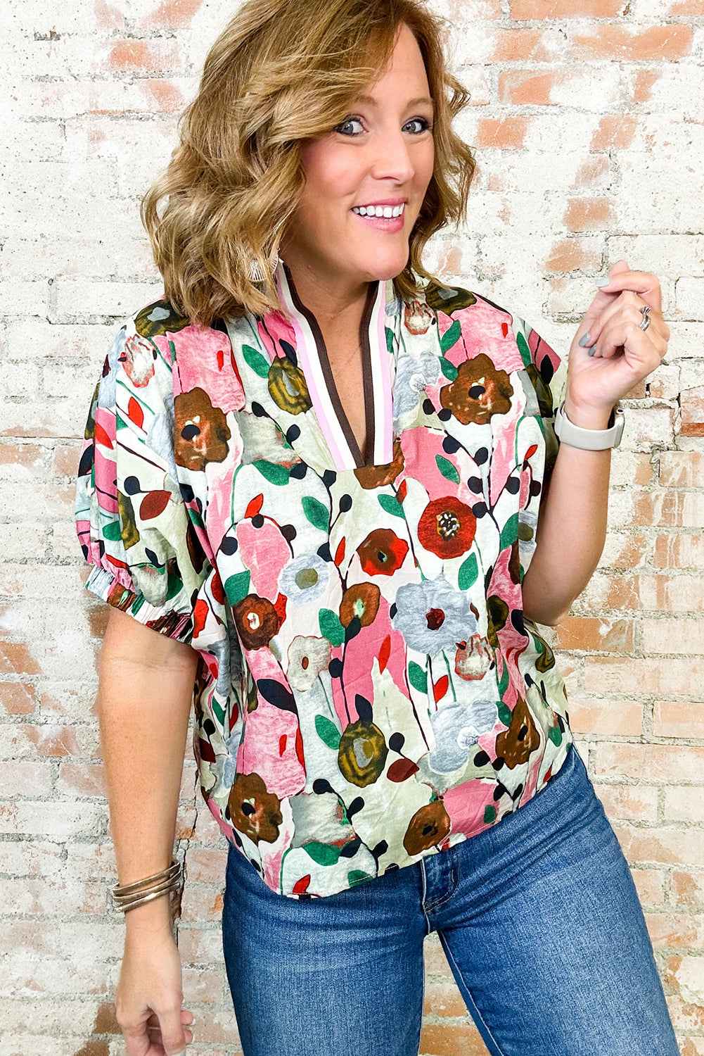 K.B. Shaws: Light Blue V-Neck Floral Print Boho Blouse