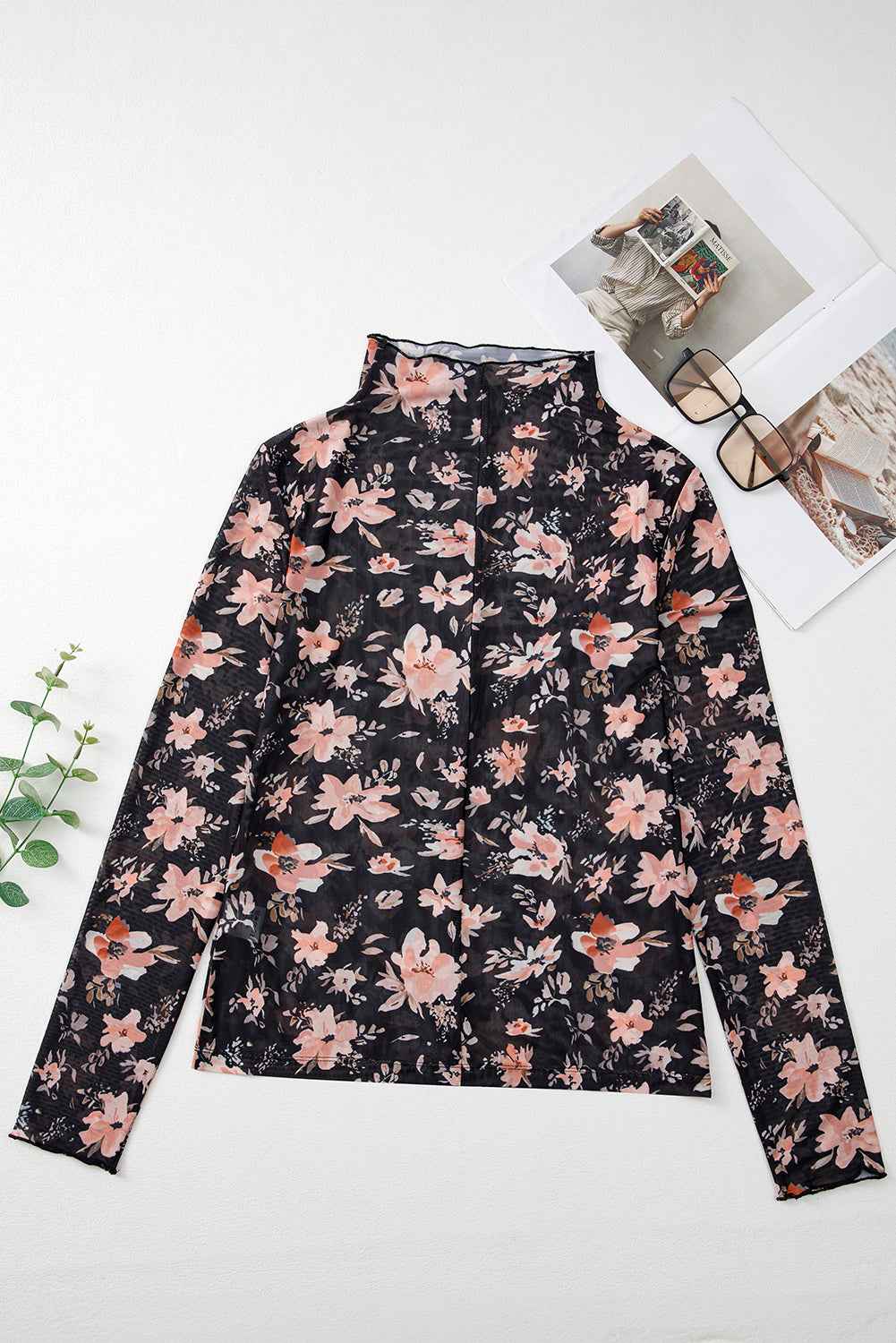 K.B. Shaws: Black Floral Long Sleeve Slim Fit Mesh Top