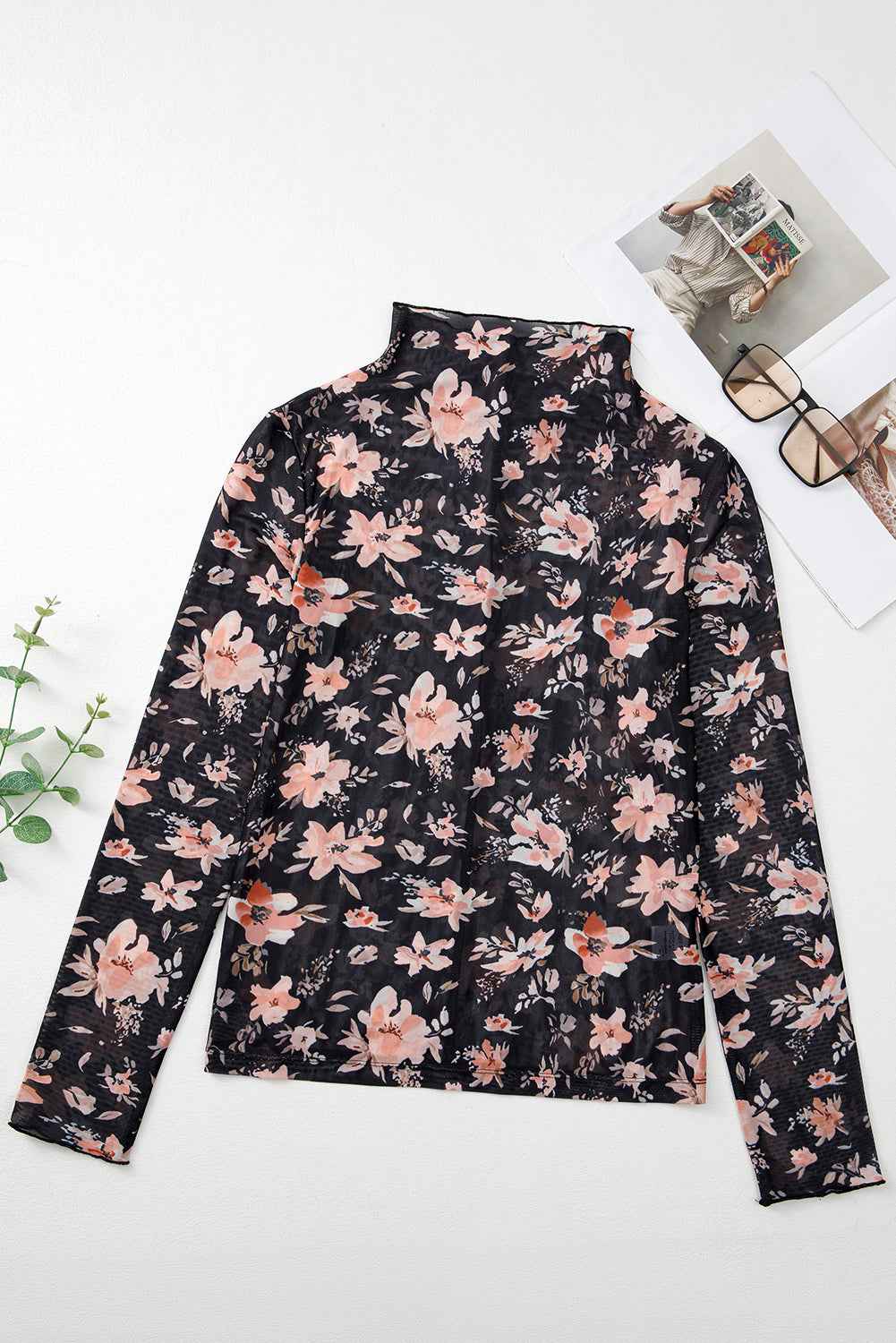 K.B. Shaws: Black Floral Long Sleeve Slim Fit Mesh Top