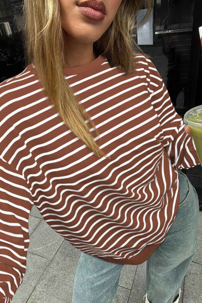 K.B. Shaws: Coffee Striped Long Sleeve Loose Fit Sweatshirt