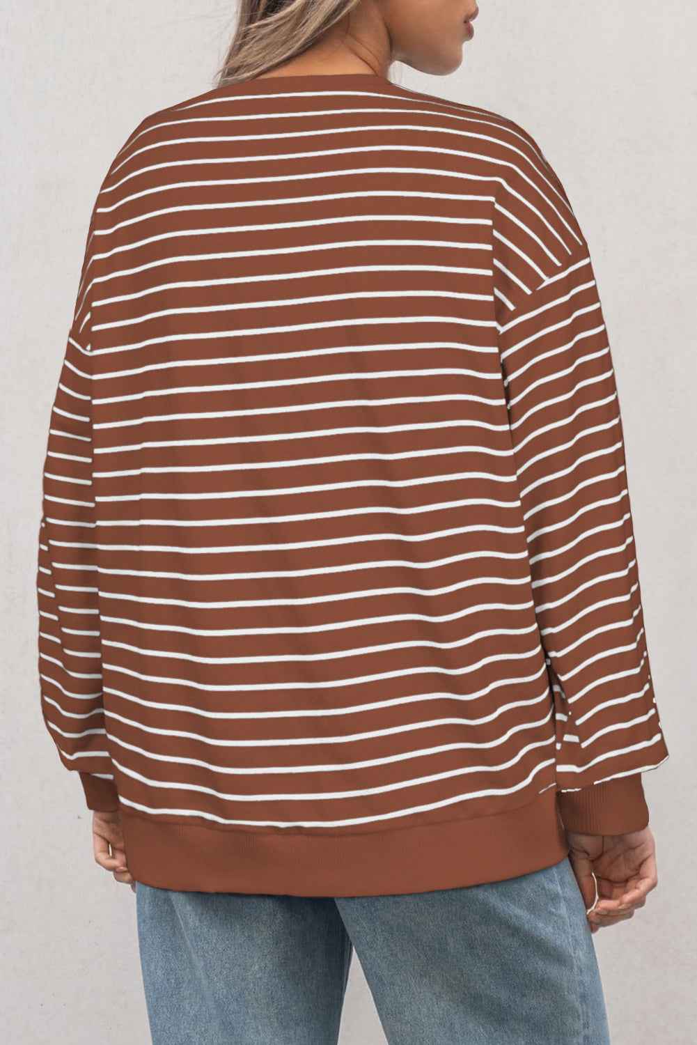 K.B. Shaws: Coffee Striped Long Sleeve Loose Fit Sweatshirt