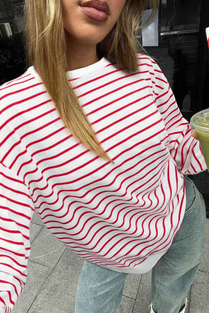 K.B. Shaws: Coffee Striped Long Sleeve Loose Fit Sweatshirt