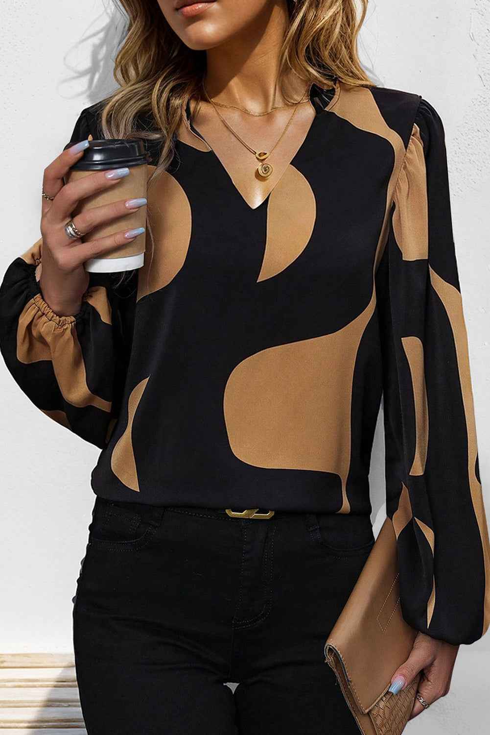 K.B. Shaws: Black Abstract Print V-neck Puff Sleeve Blouse