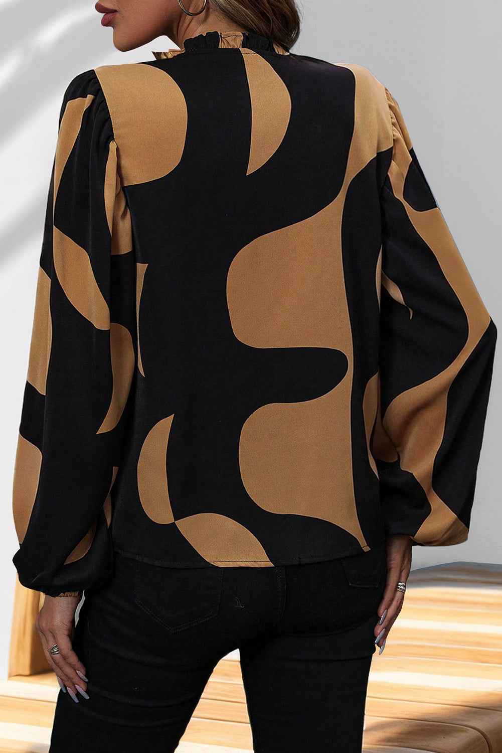 K.B. Shaws: Black Abstract Print V-neck Puff Sleeve Blouse