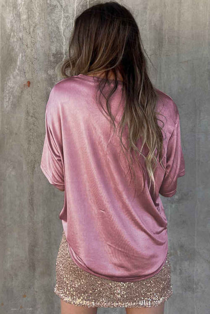 K.B. Shaws: Chic Pink Solid Chest Pocket Loose Fit T-Shirt