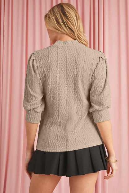 K.B. Shaws: Taupe Textured Ruched Puff Sleeve Mock Neck Top