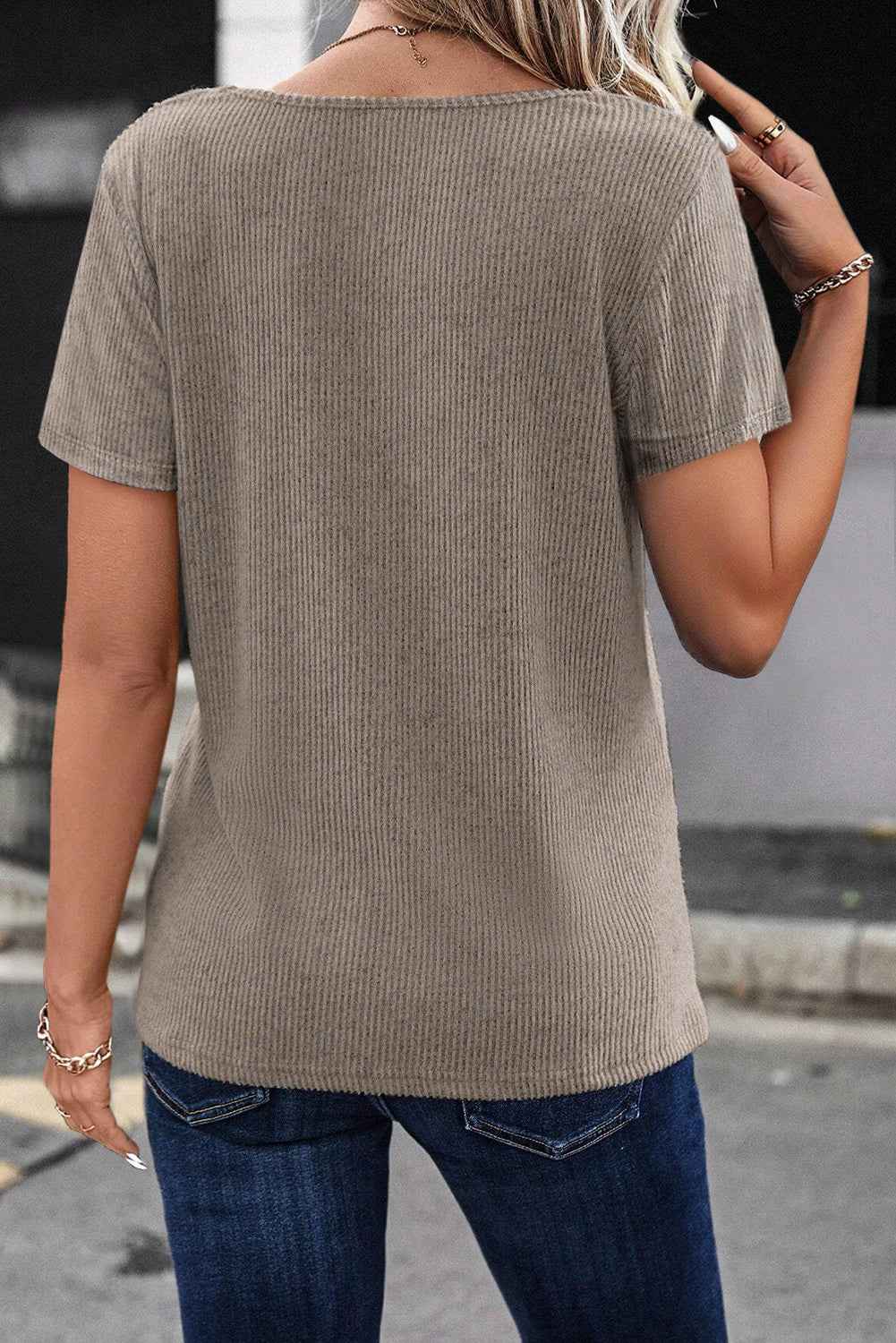 K.B. Shaws: Pale Khaki Button Strappy V Neck Ribbed Tee