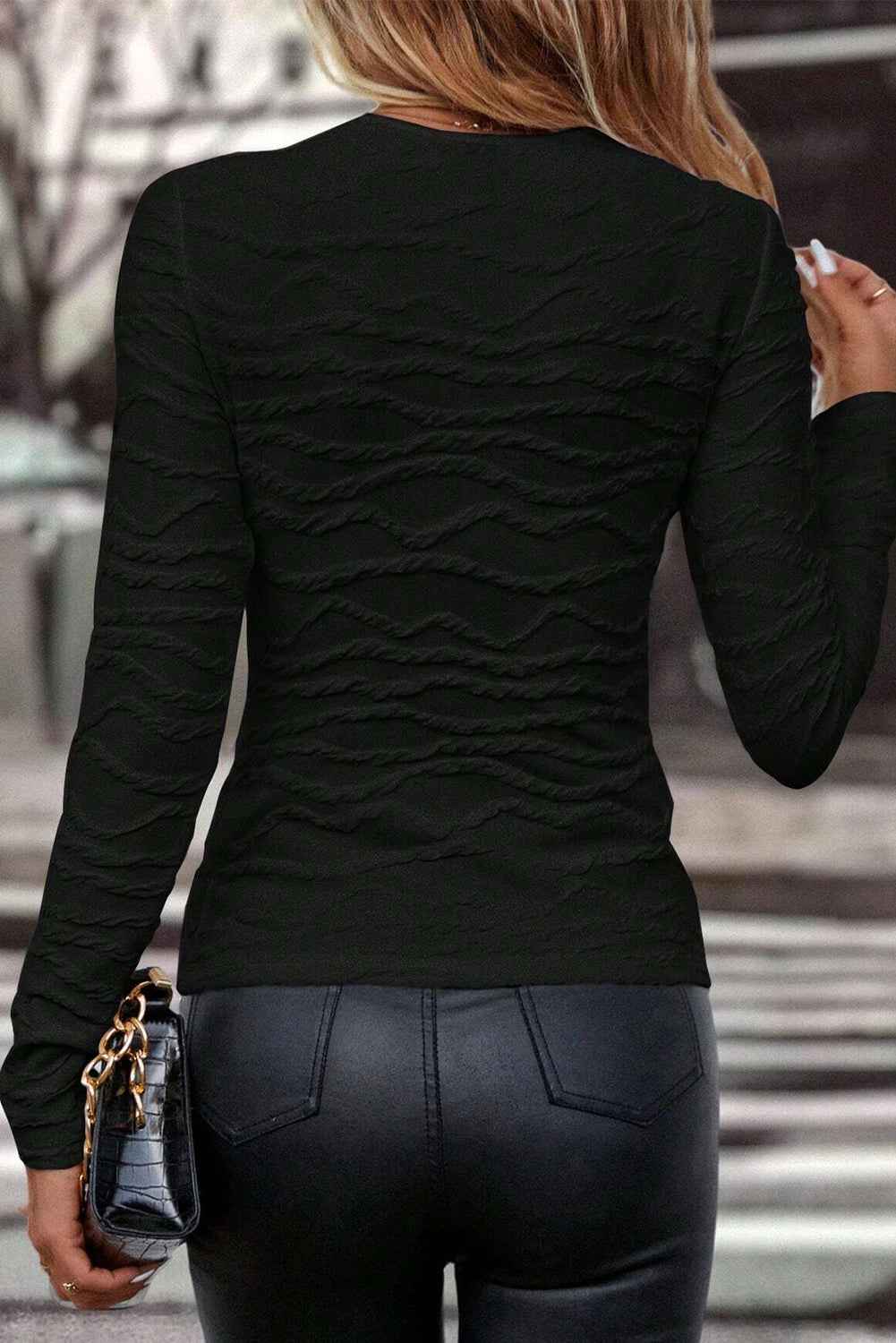 K.B. Shaws: Black Wavy Textured Slim Fit Long Sleeve Top