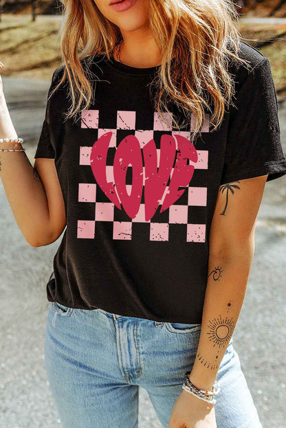 K.B. Shaws: Black Checkered LOVE Print Crewneck Tee