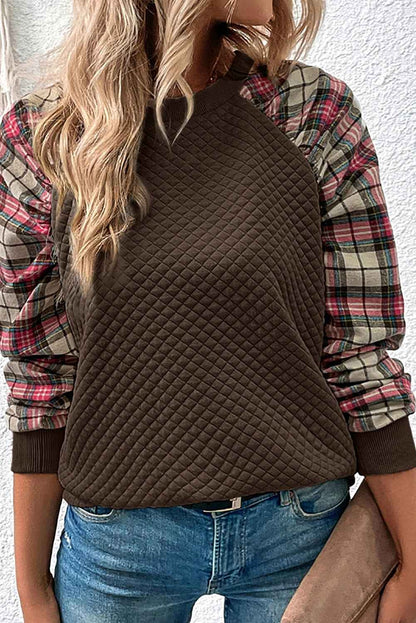 K.B. Shaws: Chic Apricot Plaid Print Quilted Sweatshirt