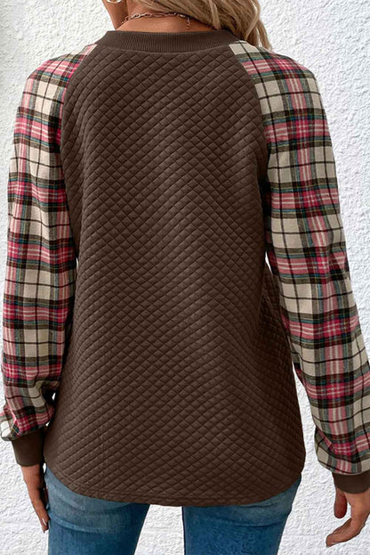 K.B. Shaws: Chic Apricot Plaid Print Quilted Sweatshirt