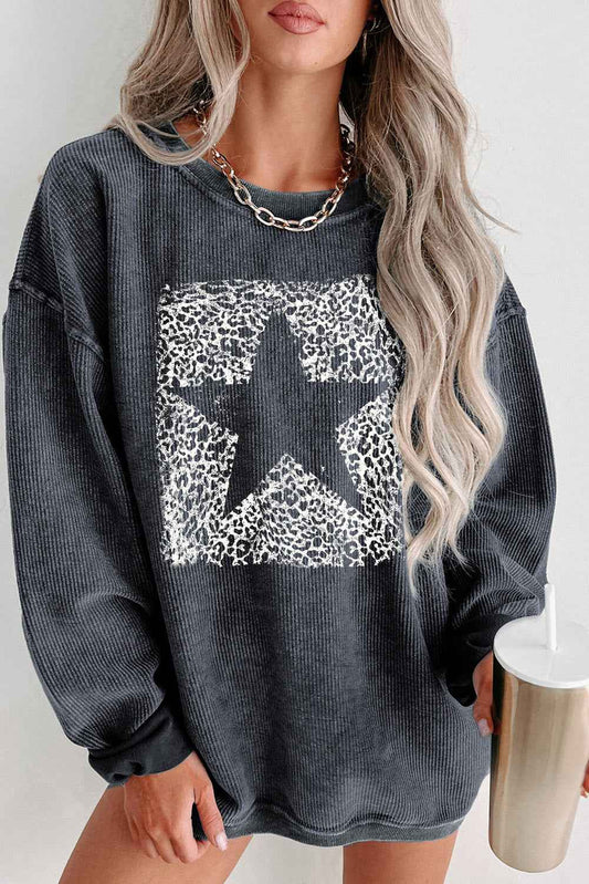 K.B. Shaws: Gray Leopard Star Graphic Corded Sweatshirt