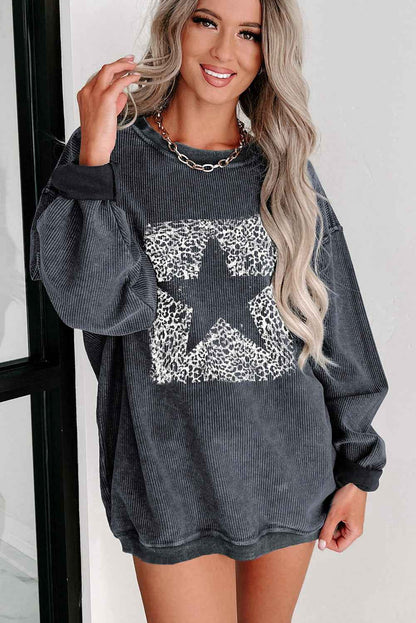 K.B. Shaws: Gray Leopard Star Graphic Corded Sweatshirt