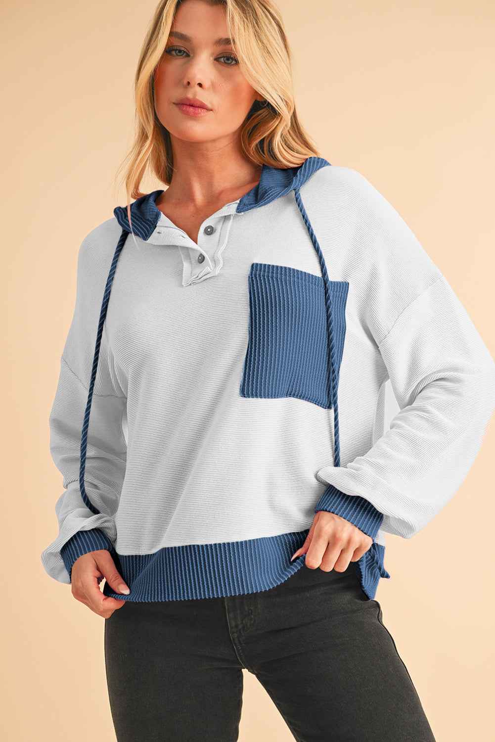 K.B. Shaws: White Corded Patch Pocket Drawstring Henley Long Sleeve Top