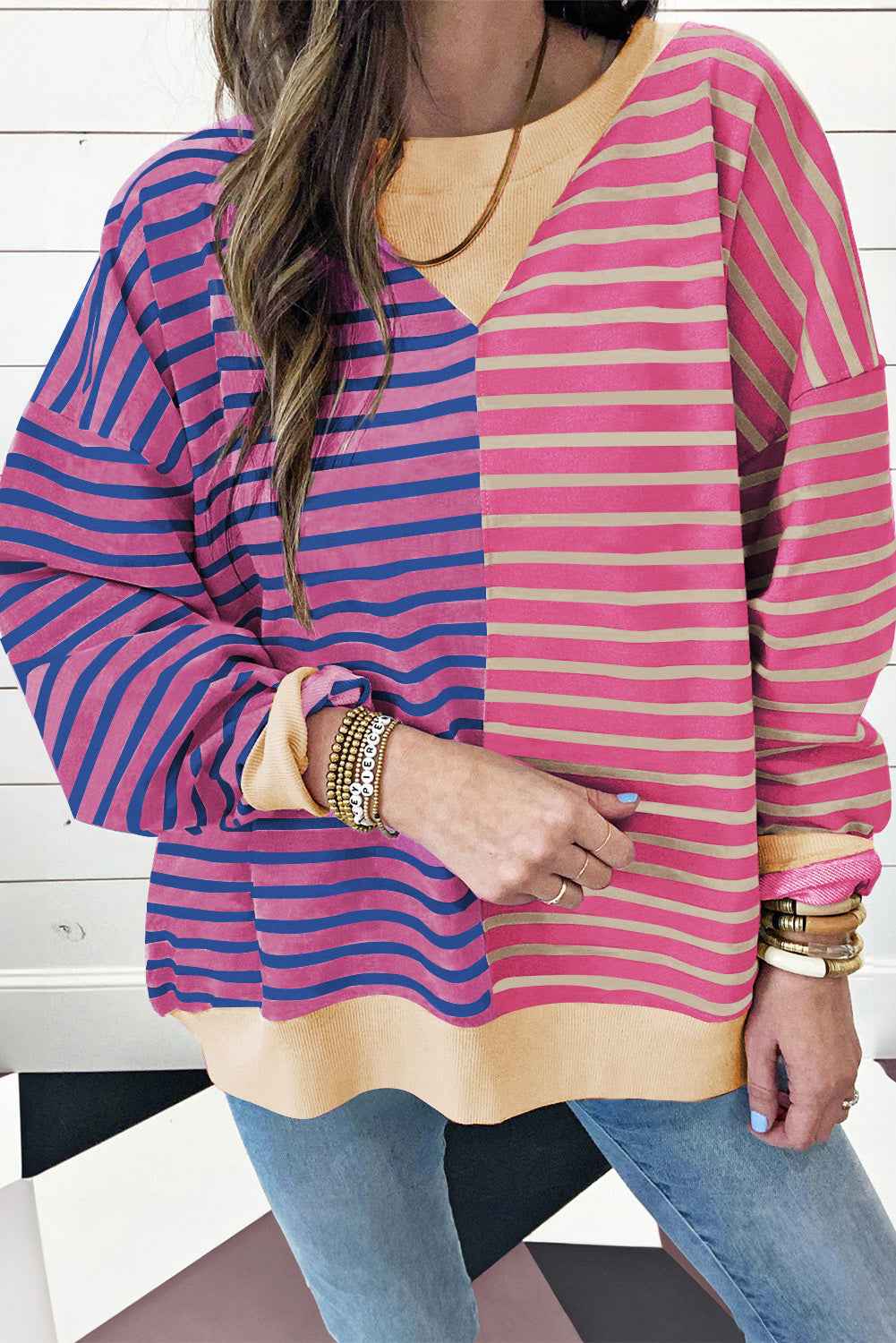 K.B. Shaws: Pink Stripe Colorblock Drop Shoulder Oversize Sweatshirt