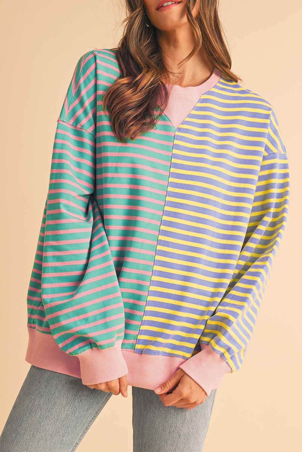 K.B. Shaws: Pink Stripe Colorblock Drop Shoulder Oversize Sweatshirt