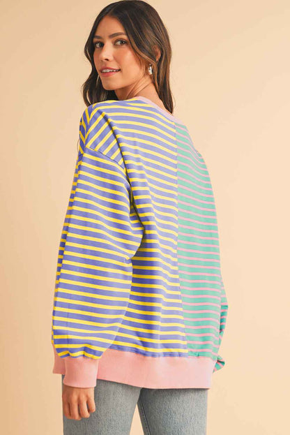 K.B. Shaws: Pink Stripe Colorblock Drop Shoulder Oversize Sweatshirt