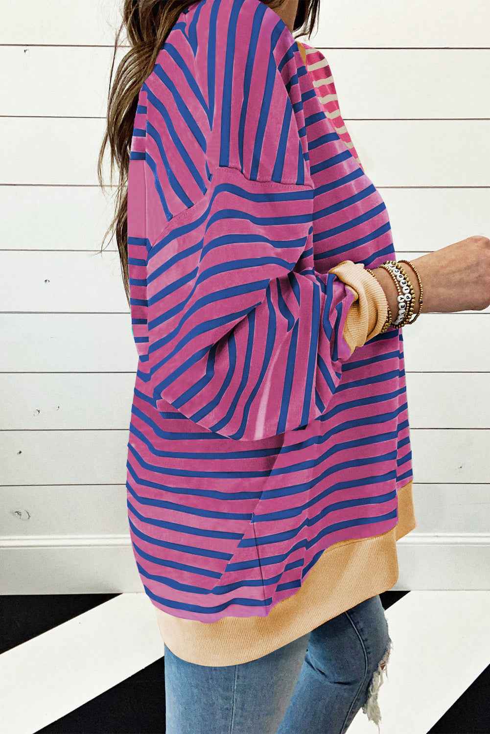 K.B. Shaws: Pink Stripe Colorblock Drop Shoulder Oversize Sweatshirt