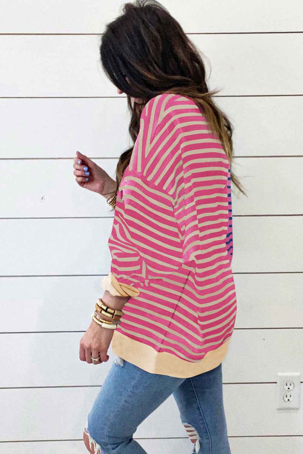 K.B. Shaws: Pink Stripe Colorblock Drop Shoulder Oversize Sweatshirt