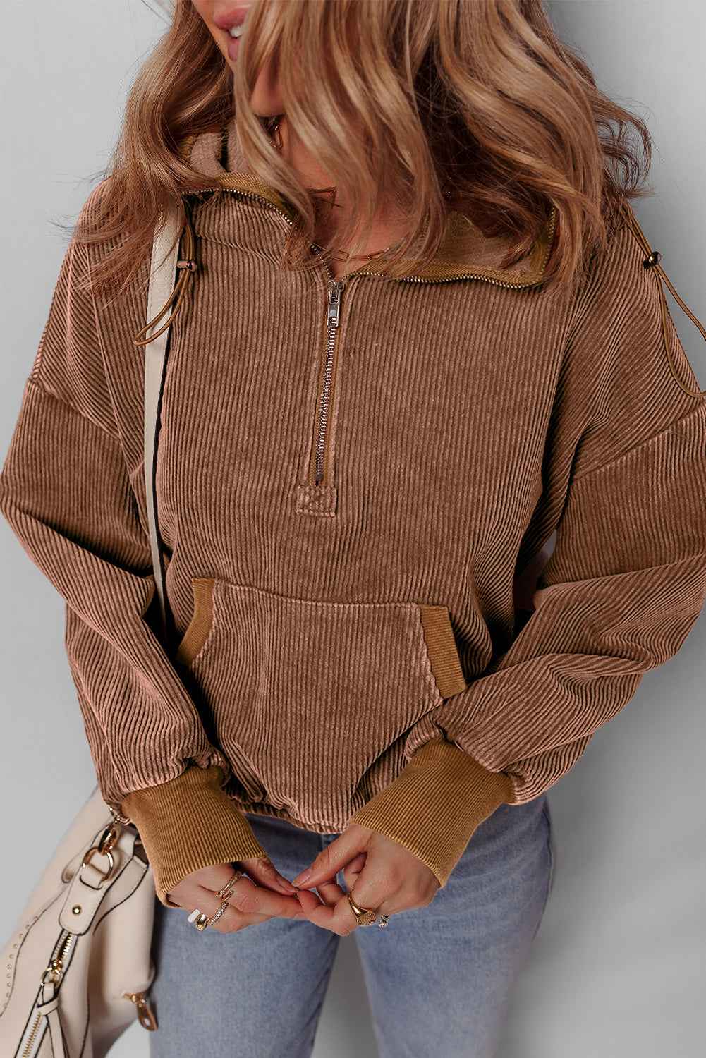 K.B. Shaws: Chestnut Half Zipper Corduroy Hoodie with Kangaroo Pocket