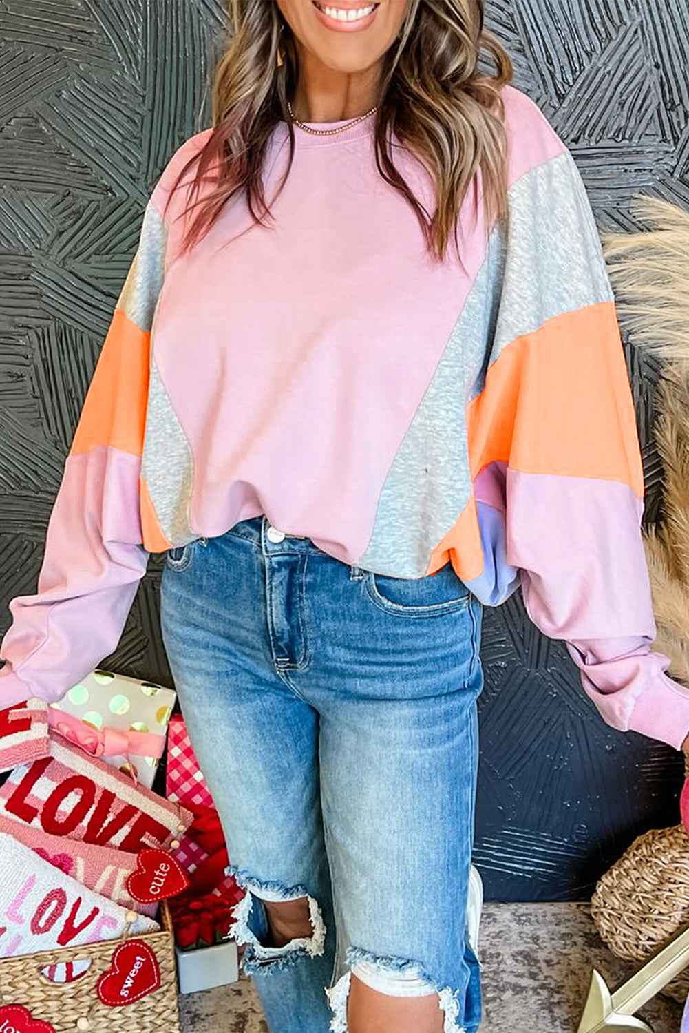 K.B. Shaws: Light Pink Color Block Batwing Sleeve Sweatshirt