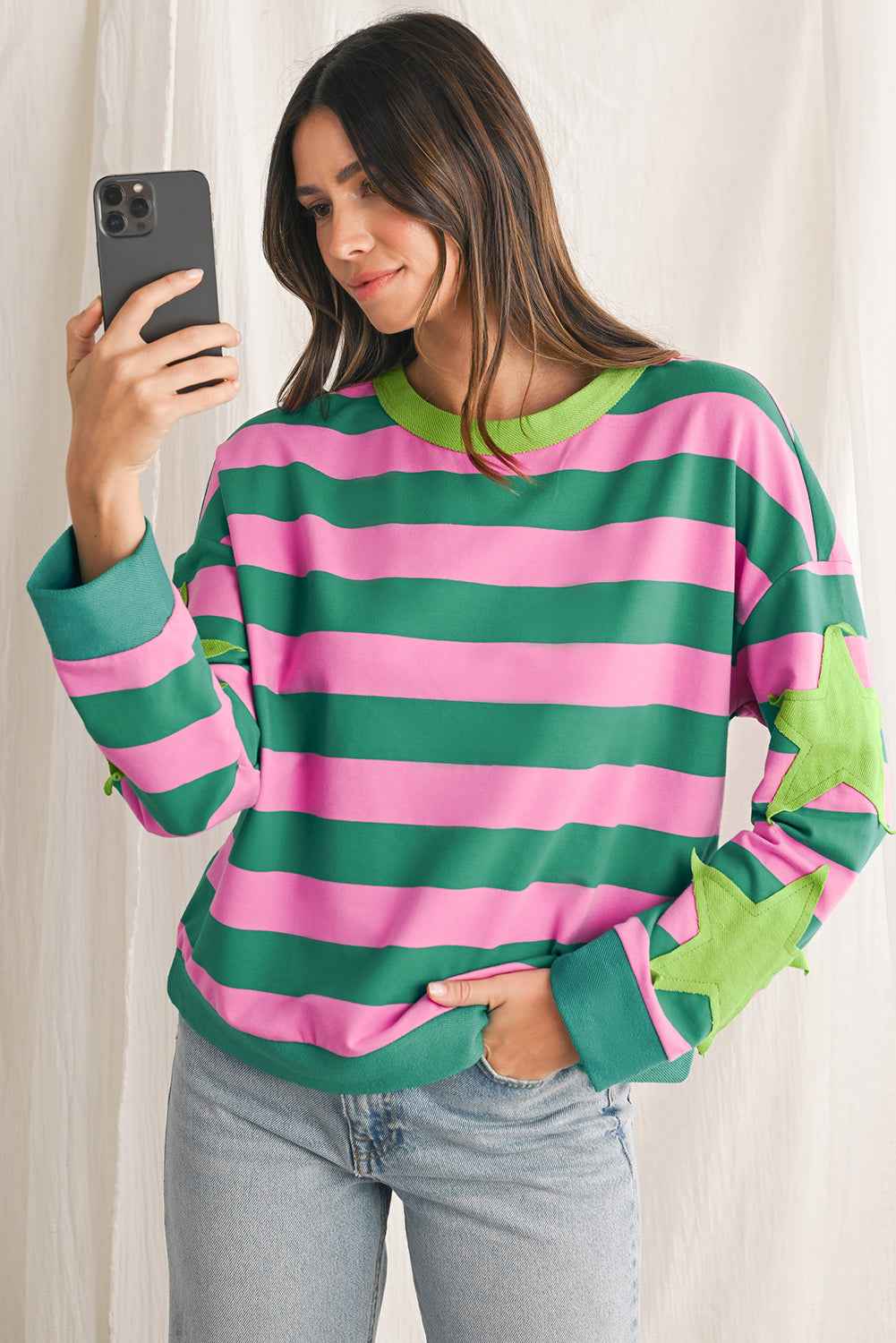 K.B. Shaws: Pink Stripe Star Patchwork Sweatshirt