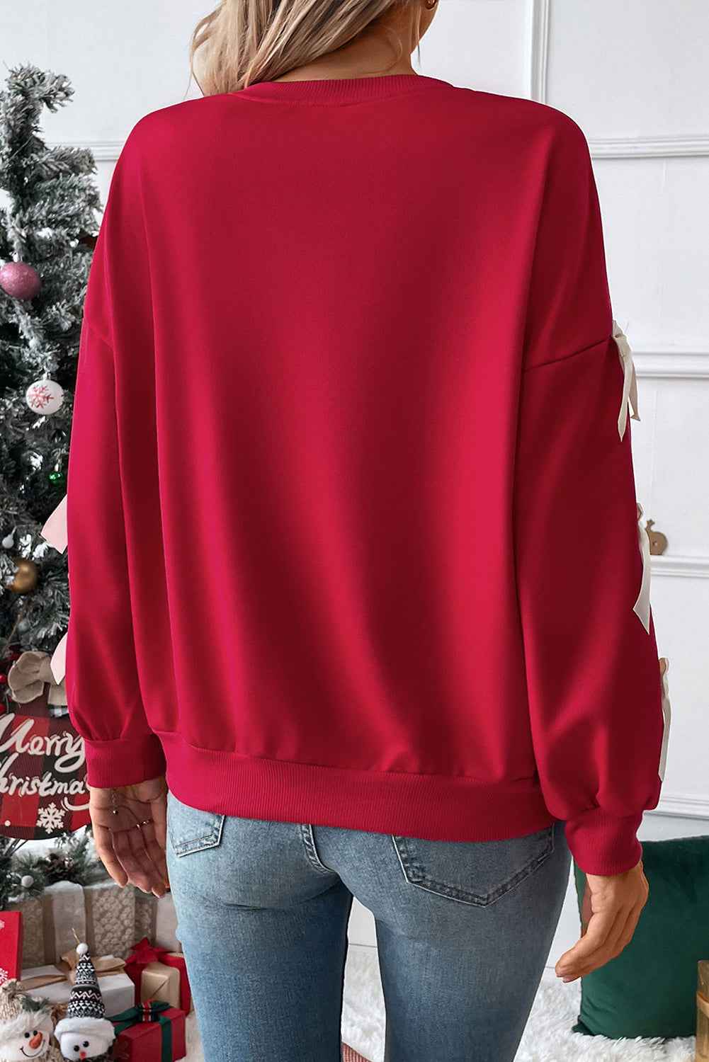 K.B. Shaws: Fiery Red Sweet Bowknot Round Neck Sweatshirt