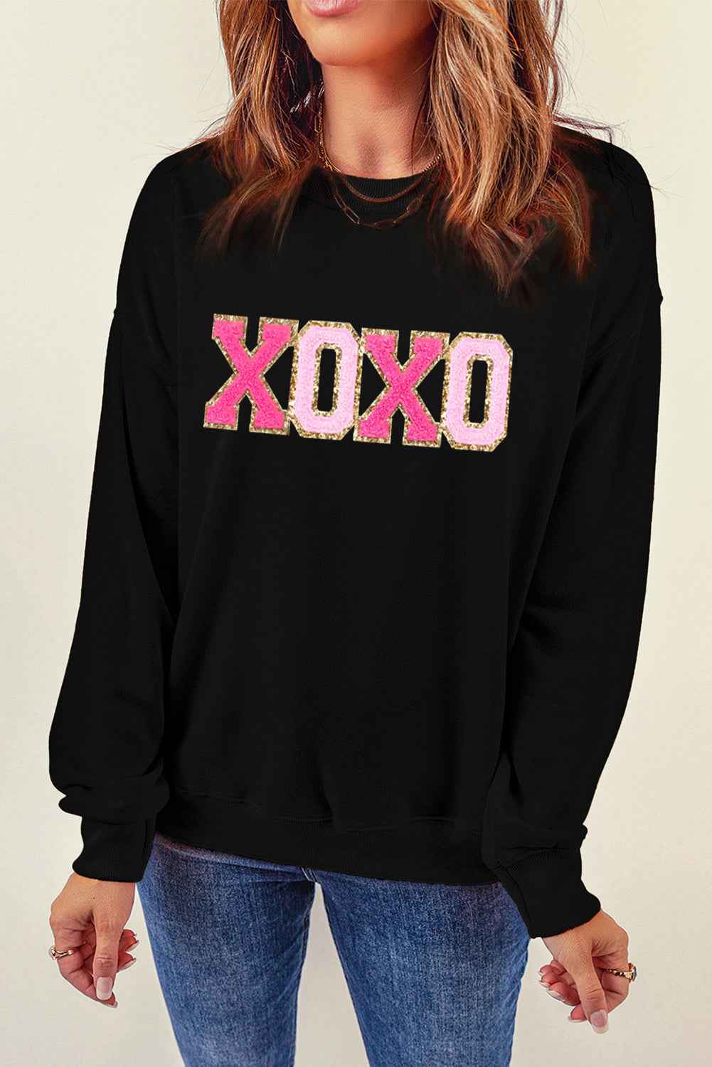 K.B. Shaws: Black Chenille XOXO Patched Drop Shoulder Pullover