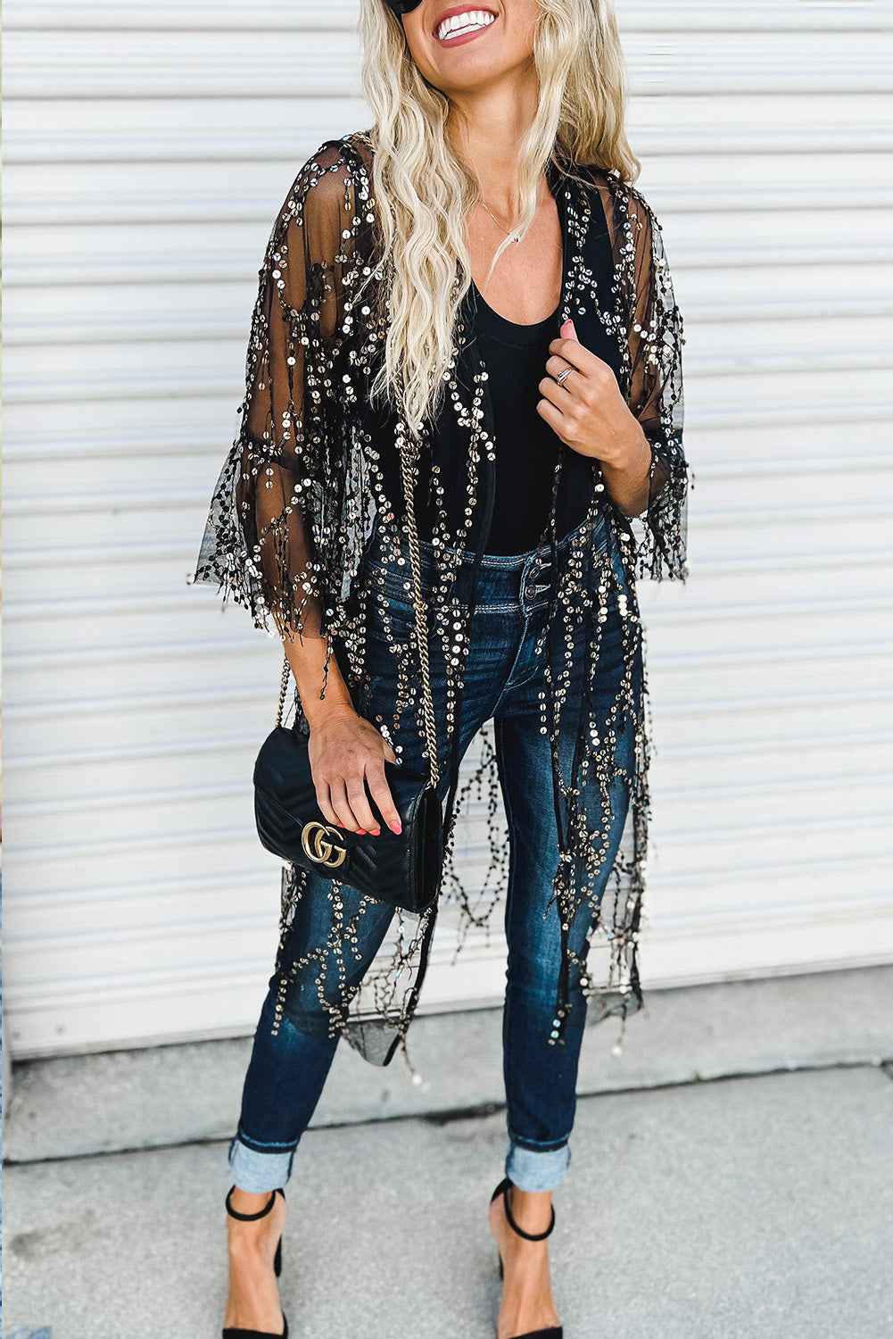 K.B. Shaws: Black Sequin Sheer Casual Open Front Cover Up