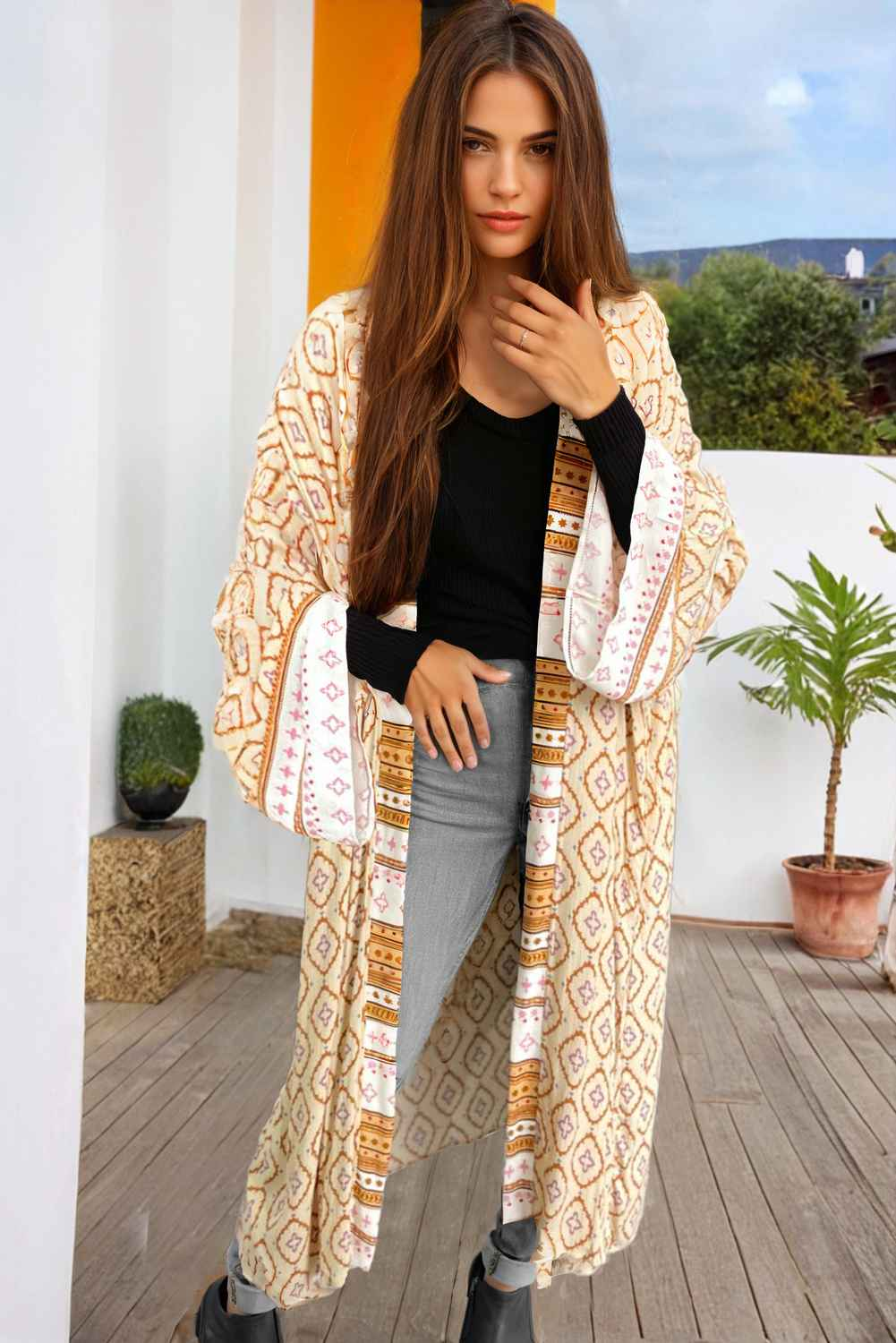 K.B. Shaws: Yellow Bohemian Geometric Print Long Kimono