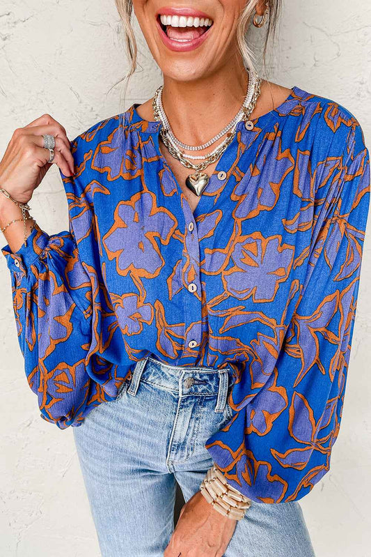 K.B. Shaws: Blue Floral Print Batwing Sleeve Blouse